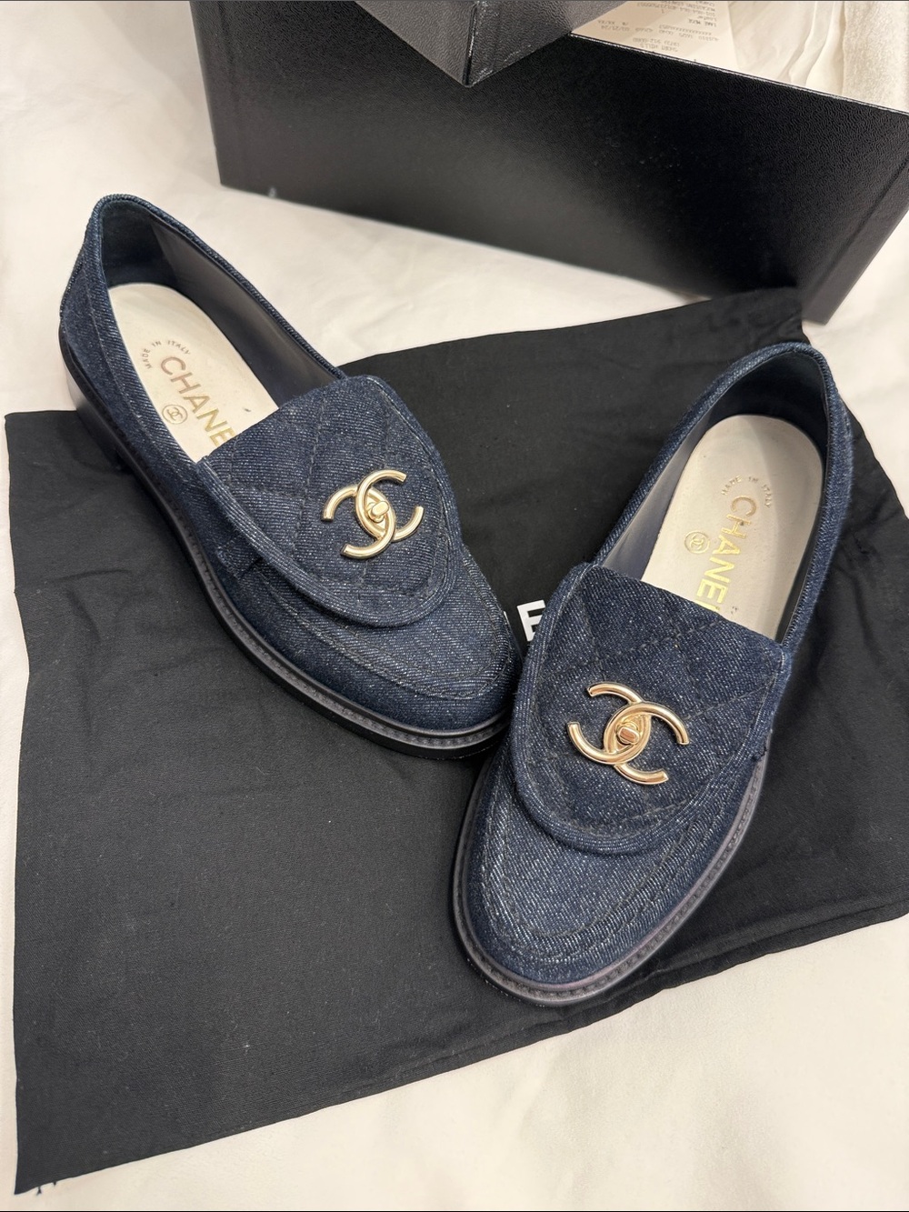 CHANEL Denim Loafers with Gold CC Hardware in Dark Blue.Box & dust bags included